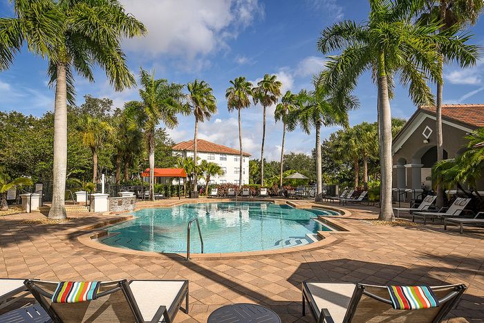 Luxurious resort-style pool area surrounded by lush palm trees and elegant poolside loungers, perfect for relaxation and enjoyment.