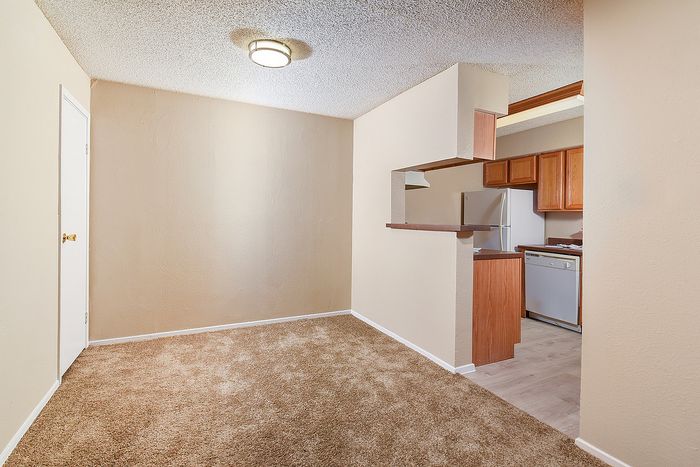 Inviting living space with plush carpet, modern lighting, and a pass-through to a well-equipped kitchen with wooden cabinetry.