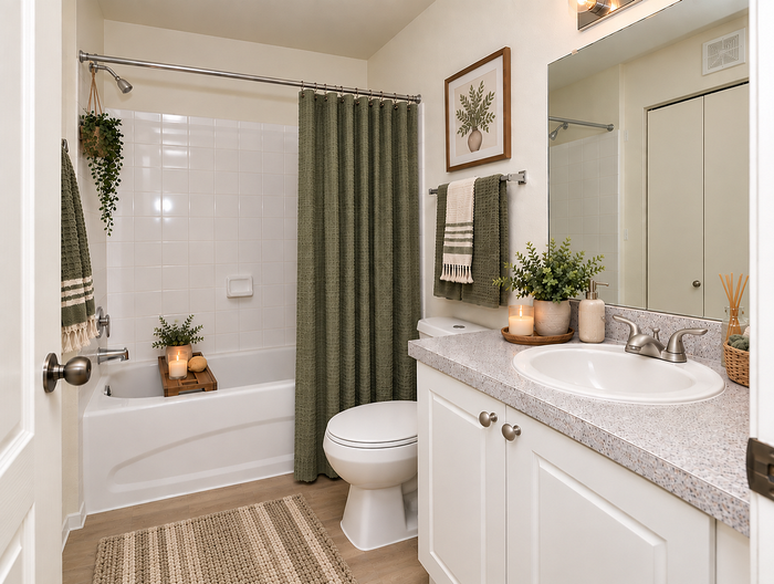 Charming bathroom featuring elegant white cabinetry, a cozy bathtub with green accents, and inviting candles creating a spa-like atmosphere.