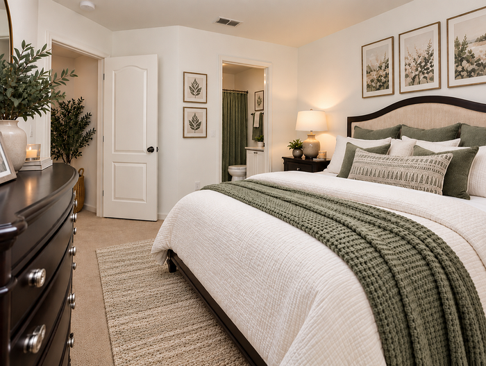 Elegant bedroom with plush bedding in soothing green and white tones, featuring tasteful artwork, warm lighting, and a cozy atmosphere.