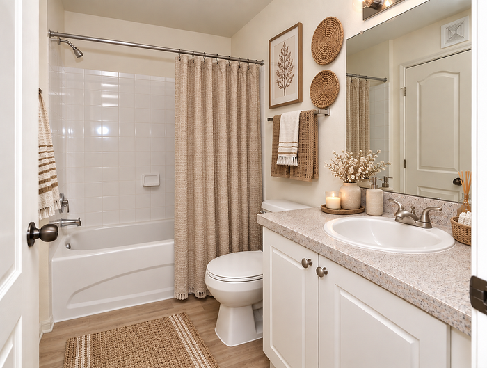 Elegant bathroom featuring a sleek vanity, soothing candlelit ambiance, and decorative wall accents.