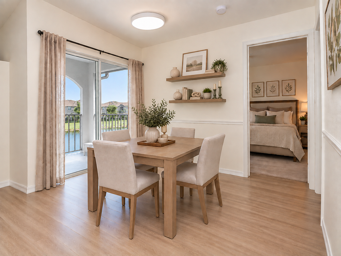 Elegant dining area with natural light, stylish wood flooring, and a view of the serene lake, adjacent to a cozy, well-decorated bedroom.