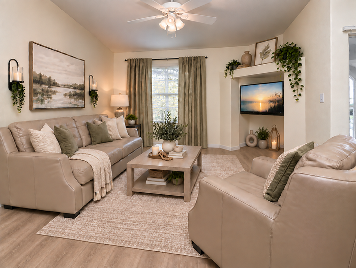 Elegantly designed living room with plush leather sofas, inviting natural light, and stylish decor for a cozy ambiance.