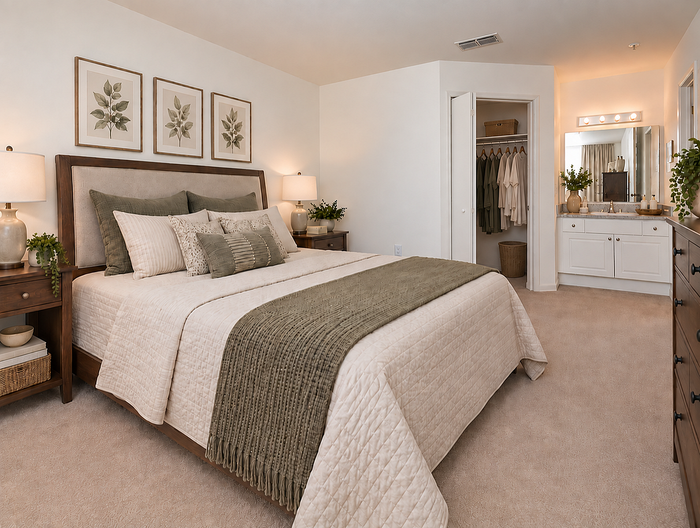 Elegant bedroom with plush bedding, stylish framed art, and ambient lighting, featuring a cozy ambiance and walk-in closet.
