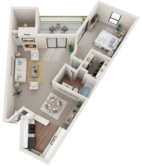 One Bedroom | 834 sqft | Patio/Balcony | Walk-in Closet | Fireplace | Washer/Dryer Connections in Selected Homes