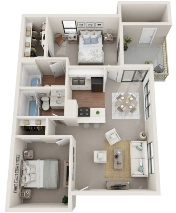 Two Bedrooms | Two Bathrooms | 959 sqft | Patio/Balcony | Walk-in Closets | Washer/Dryer Connections in Selected Homes