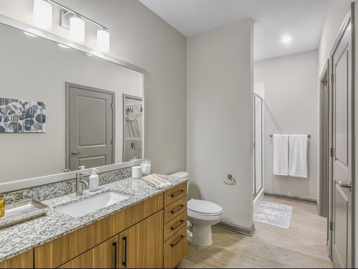Bathroom with luxurious deep tub at Solis City Park apartments for rent in Charlotte, NC