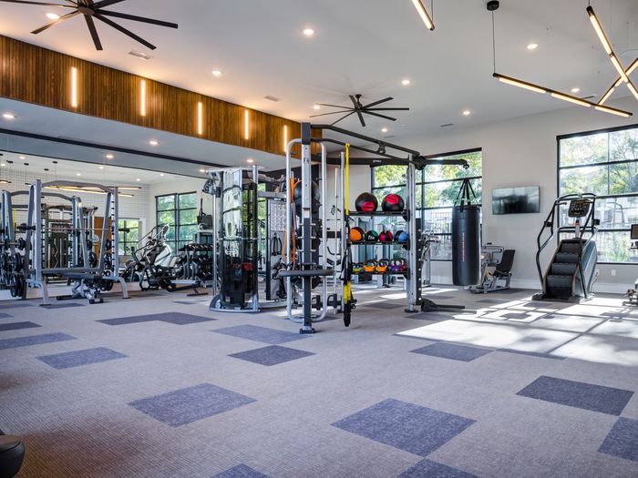 Expansive fully equipped state-of-the-art fitness center at Solis City Park apartments for rent