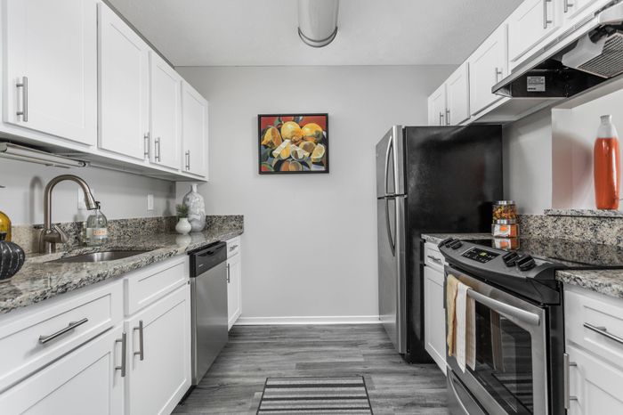 Kitchen with stainless steel appliances and granite countertops at Pointe at Canyon Ridge apartments for rent in Atlanta, GA