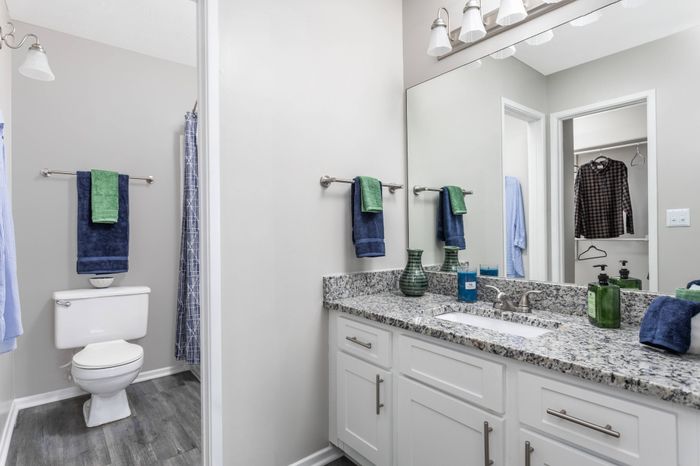 Full bathroom view with granite countertops at Pointe at Canyon Ridge apartments for rent in Atlanta, GA