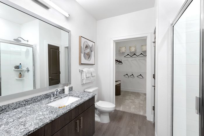 Bathroom with double vanity, garden tub, and walk-in closet at The Adley Craig Ranch apartments for rent