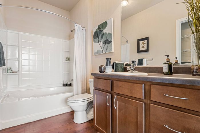 En-suite master bathroom with double sink vanity and garden tub at St. James at Goose Creek apartments for rent