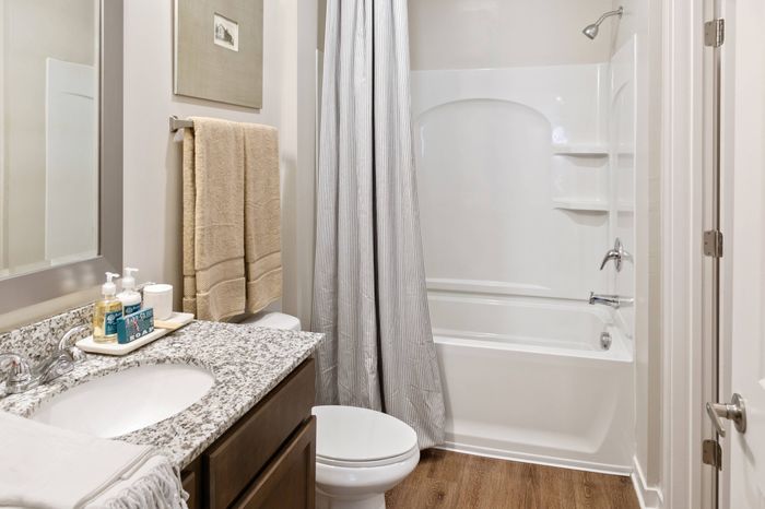 Full Bathroom View with Granite Countertops and Hardwood-Style Flooring