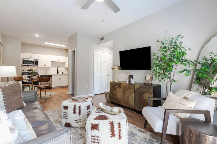 Newly Renovated Living Room with Hardwood-Style Flooring