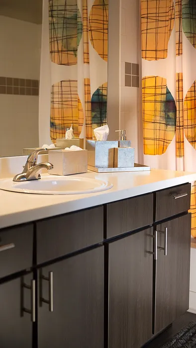 Modern bathroom with sleek wooden cabinets, elegant countertop, and artistic shower curtain for a stylish touch.