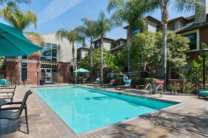 Inviting outdoor pool area surrounded by lush palm trees and modern apartment buildings, offering a perfect oasis for relaxation.