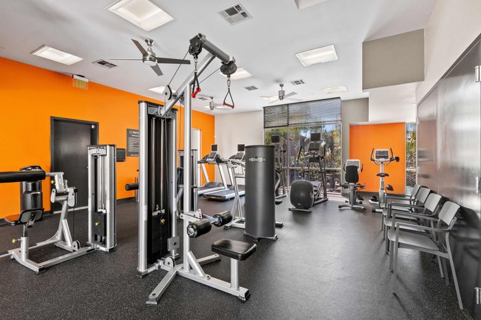 Modern apartment gym with vibrant orange walls, featuring state-of-the-art fitness equipment, cardio machines, and ample natural light.