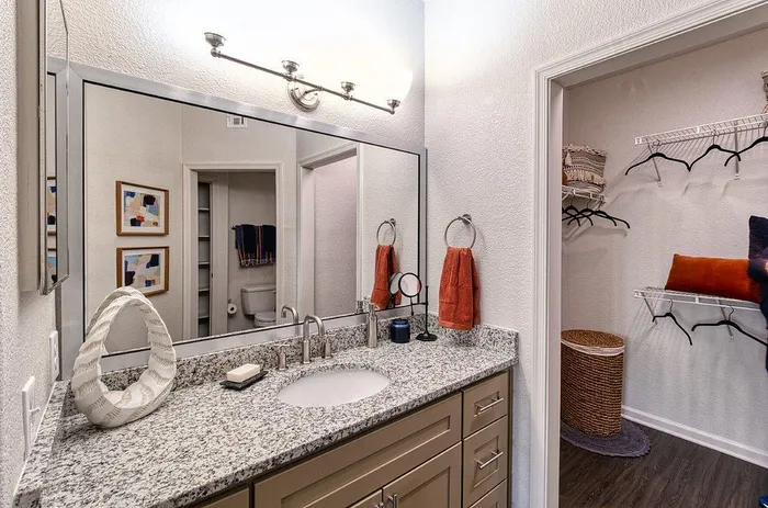 Elegant bathroom with granite countertop, sleek faucet, and stylish wall art, adjacent to a spacious walk-in closet with ample storage.