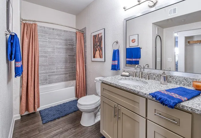 Modern bathroom with elegant granite countertops, stylish wood flooring, and a sophisticated shower area accented by blue and coral accessories for a vibrant touch.
