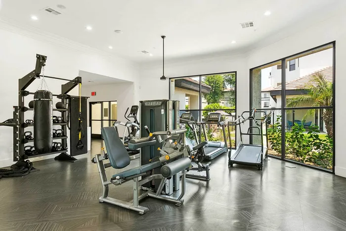 Modern fitness center with cutting-edge exercise machines and punching bag, offering a vibrant workout space with garden views.