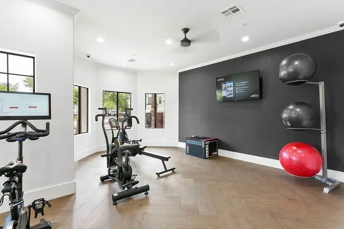 Contemporary gym space with sleek exercise bikes, vibrant exercise balls, and modern decor, perfect for fitness enthusiasts.