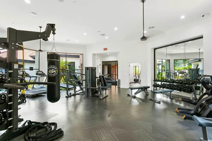 Modern fitness center with state-of-the-art exercise equipment, punch bag, and mirrored walls in an airy, well-lit room.
