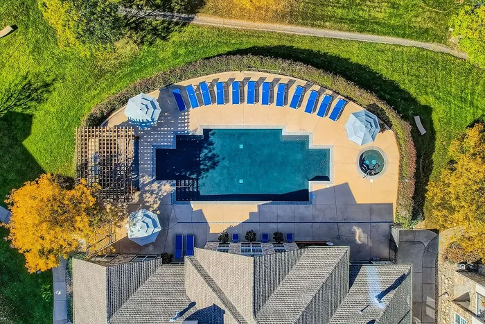 Aerial view of a luxurious residential pool surrounded by blue sun loungers and lush greenery, perfect for relaxation and leisure.