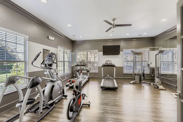 Modern fitness center with natural lighting, featuring state-of-the-art exercise equipment and sleek hardwood floors.