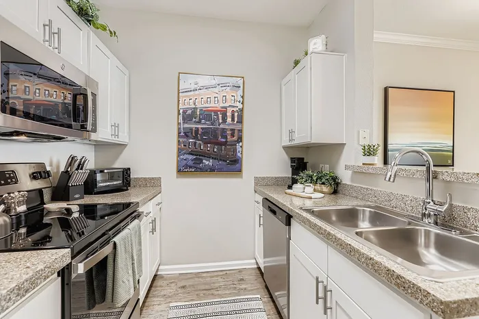 Modern kitchen with sleek appliances, granite countertops, and contemporary artwork.