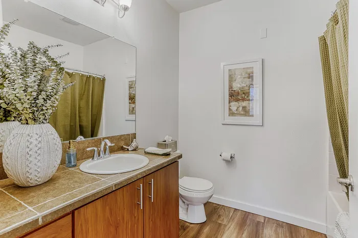 Elegant bathroom featuring a modern vanity with a stylish vessel sink, decorative planter, and earthy tones, complemented by warm wood accents and chic artwork.