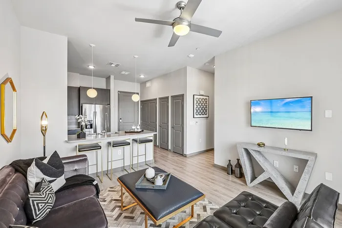 Modern open-concept living area with sleek kitchen, stylish decor, and cozy seating, perfect for entertaining.