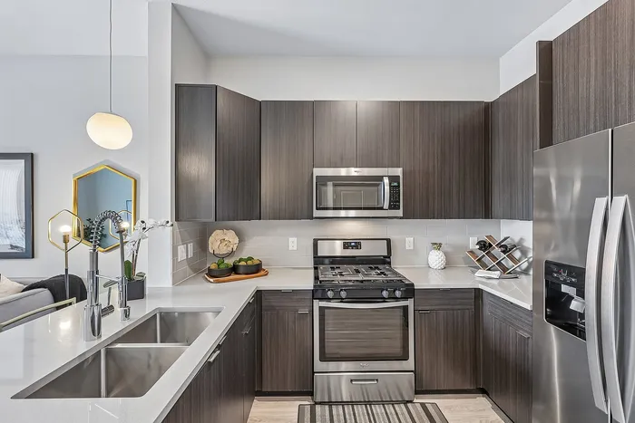 Modern kitchen with sleek stainless steel appliances, elegant dark cabinetry, and a stylish pendant light over a spacious quartz countertop.