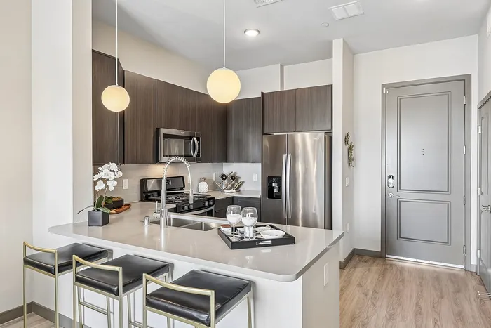 Modern kitchen with sleek dark cabinets, stainless steel appliances, and a chic breakfast bar with elegant seating.