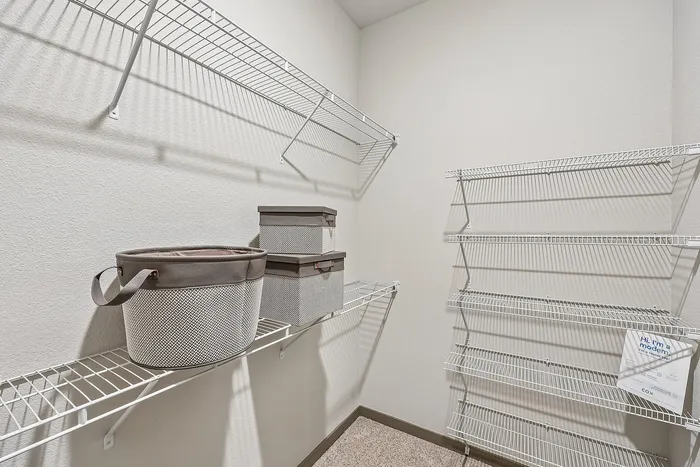Spacious walk-in closet with organized wire shelving and stylish storage boxes, perfect for maximizing space and enhancing your living area.