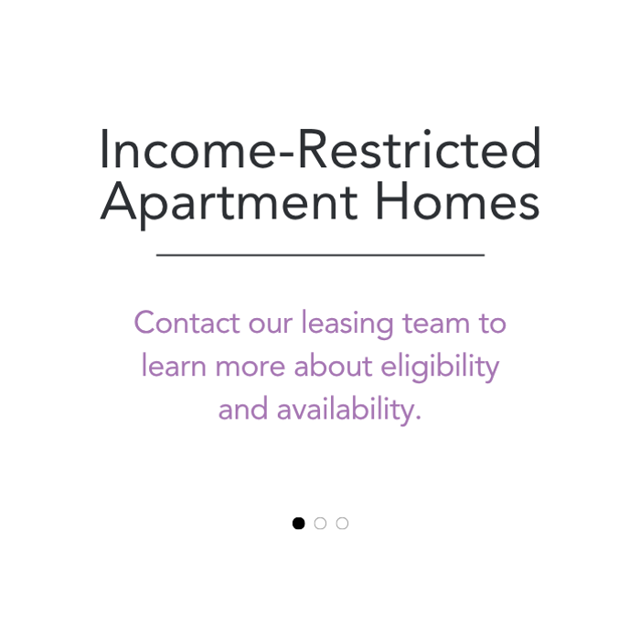 Income-restricted apartment homes information with contact details for leasing team regarding eligibility and availability.