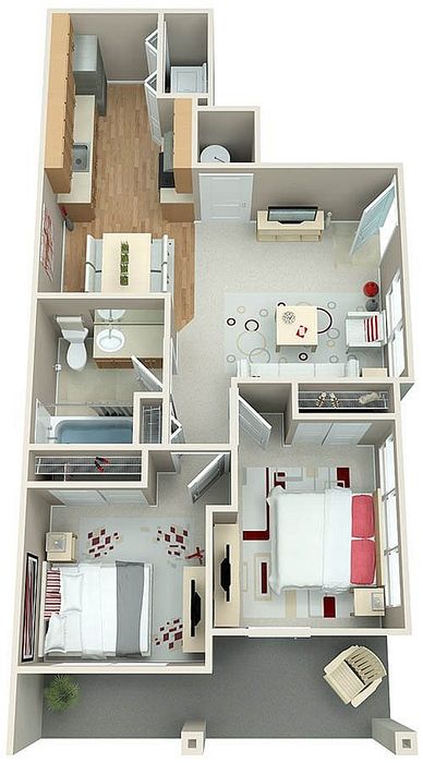 3D floor plan showcasing two bedrooms, a modern kitchen, and a bright living room.
