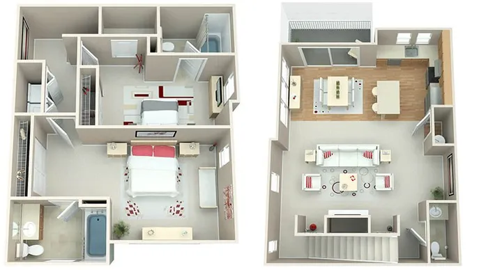 Chic duplex floor plan featuring two floors with a luxurious master bedroom, elegant living area, and modern kitchen.
