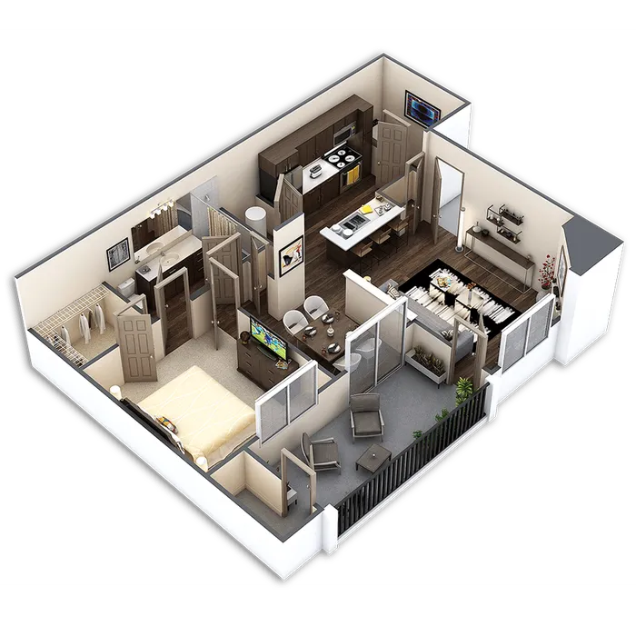 Modern 3D floor plan showcasing a cozy one-bedroom apartment with open living area, sleek kitchen, and private balcony.
