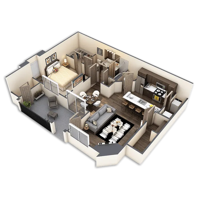 Modern 3D apartment floor plan featuring one bedroom, an open-concept living and dining area, and a sleek kitchen with island seating. Includes a spacious balcony perfect for relaxation.