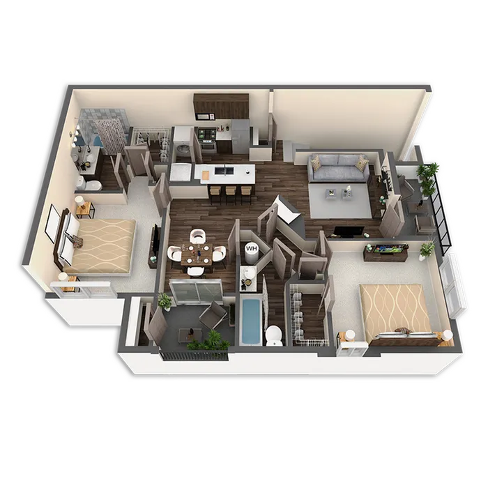 Elegant 3D floor plan showcasing two spacious bedrooms, a modern kitchen, cozy living room, and stylish bathroom layout with contemporary design elements.