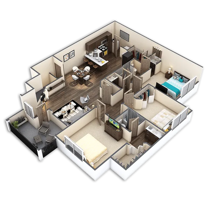 Modern 3D floor plan showcasing 3 spacious bedrooms, an open-layout living and dining area, a sleek kitchen, and a cozy balcony perfect for relaxation.