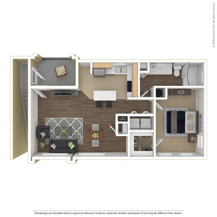 Modern floor plan featuring a cozy 1-bedroom apartment with an inviting living room, sleek kitchen, and private balcony.