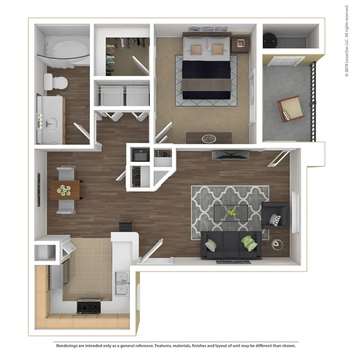 Modern 1-bedroom apartment floor plan with open-concept living and dining area, efficient kitchen, cozy bedroom, and private balcony.