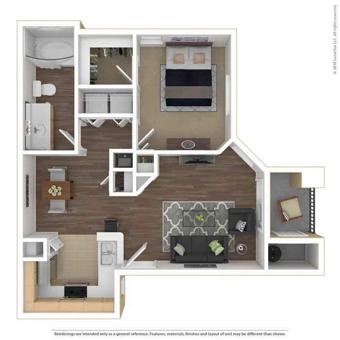 Modern floor plan highlighting 1 bedroom, elegant open living area, and well-equipped kitchen.