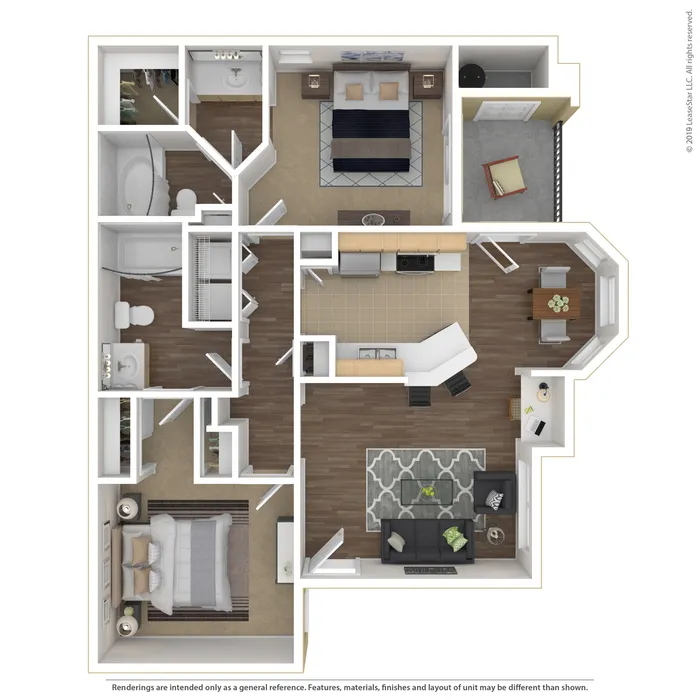 Contemporary 2-bedroom floor plan showcasing an open kitchen, inviting living area, and two modern bathrooms.