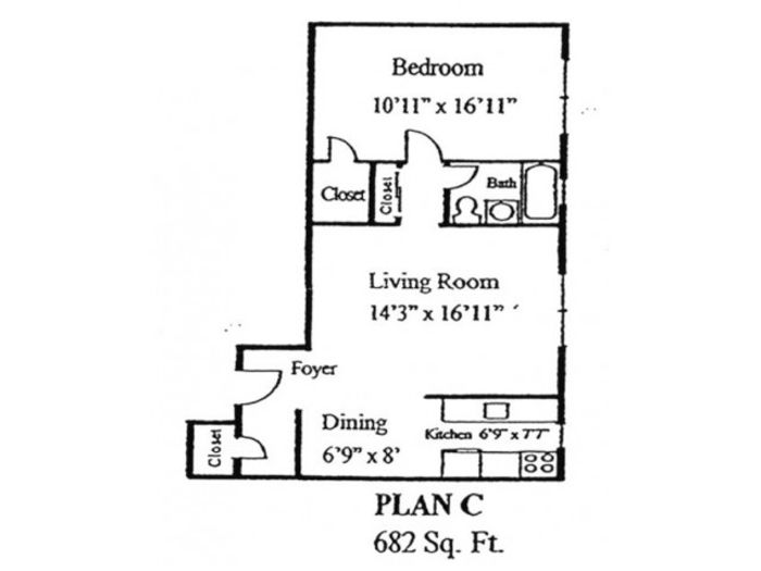 Plan C: 1 bed, 1 bath
