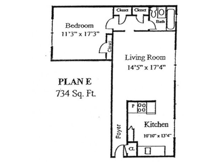 Plan E: 1 bed, 1 bath