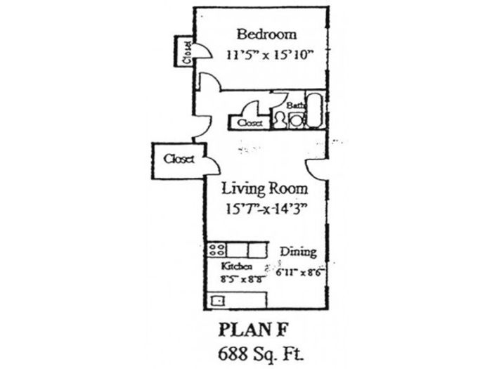 Plan F: 1 bed, 1 bath