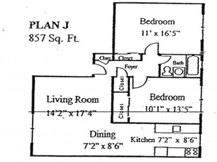 Plan J: 2 bed, 1 bath
