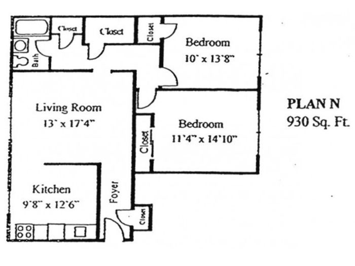 Plan N: 2 bed, 1 bath